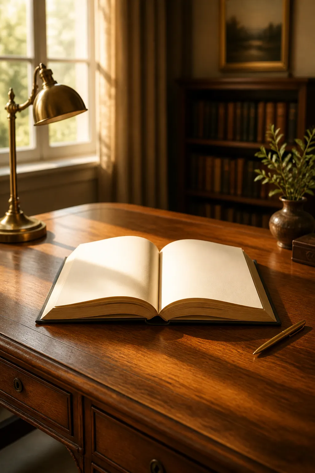 An open book on a warm oak writing desk in golden afternoon light