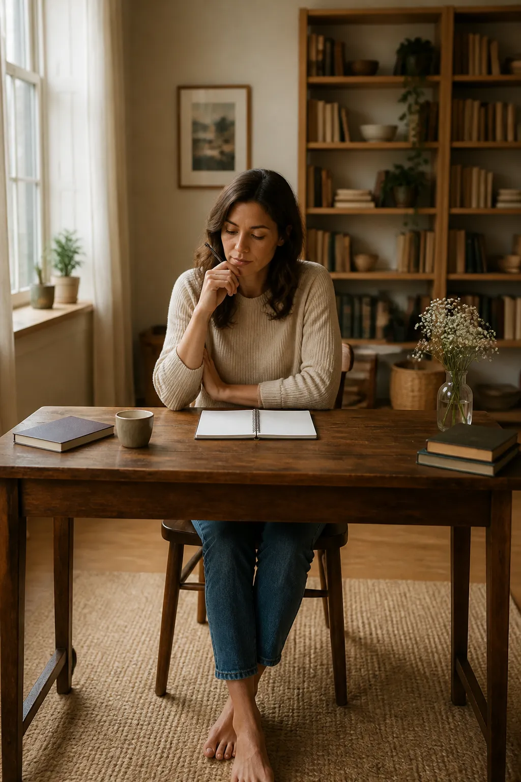 A professional woman contemplating her ideas at a sunlit writing desk